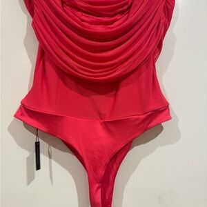 AFRM Strawberry Pink off the shoulder mesh thong bodysuit.